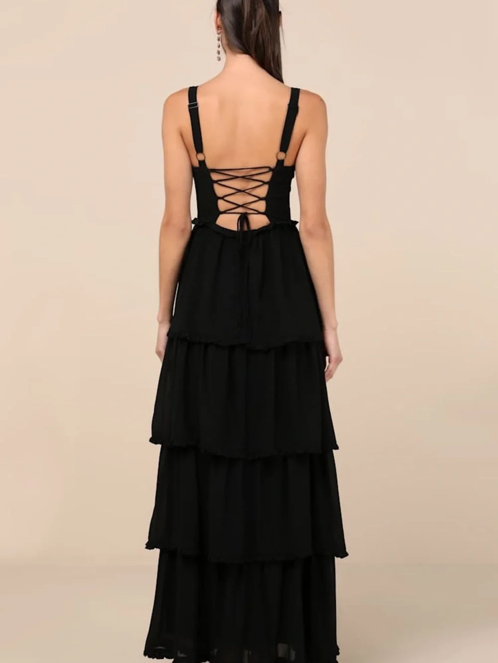 Lulus Dark Green Tiered Maxi Dress Lace-Up Back Sleeveless Size S